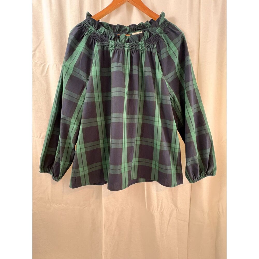 Talbots Plaid Smocked Neck Blouse Green Navy Long Sleeve XL Petite